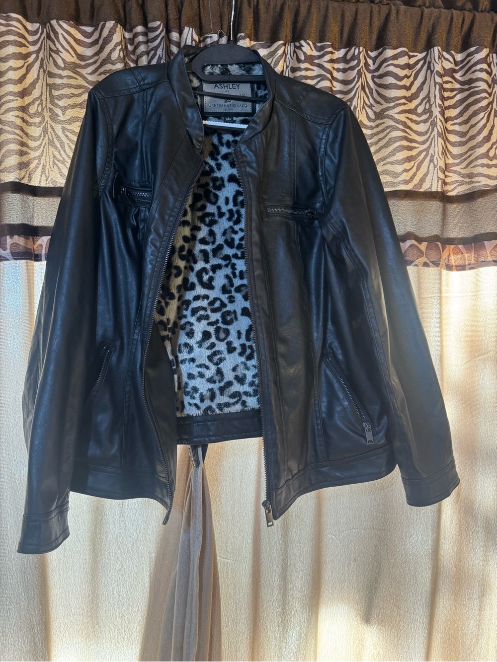Ashley By 26 International Black Faux Leather Jacket with Leopard Print Lining